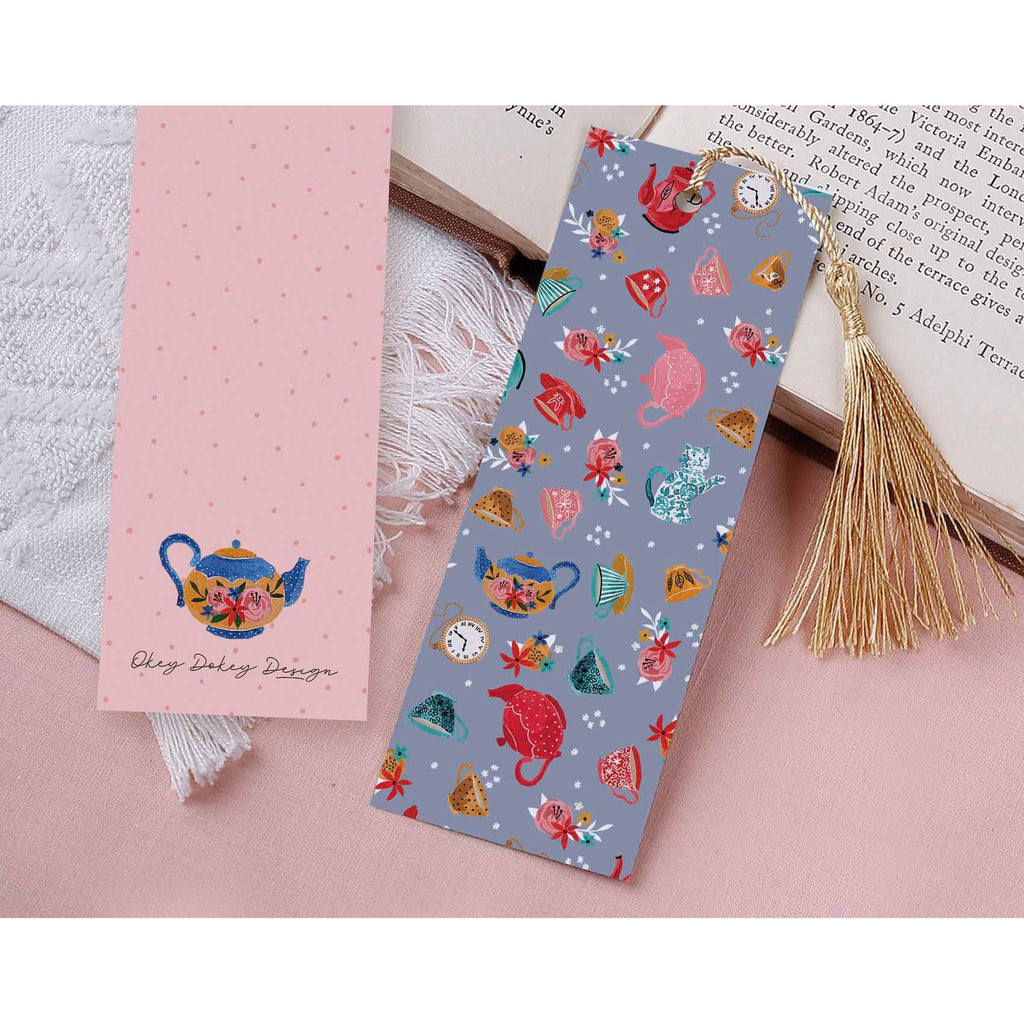 Tea & Clocks Paper Bookmark with Tassel